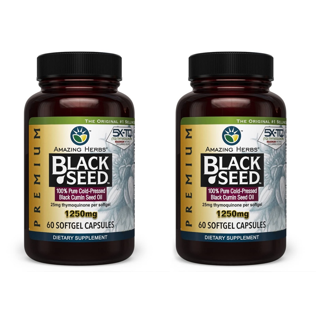 Increíble Herbs Premium Black Seed Oil Capsules - High Potency, Cold Pressed Nigella Sativa Aids in Digestive Health, Immune Support &amp; Brain Function - 60 Conde, 1250mg (Pack of 2)