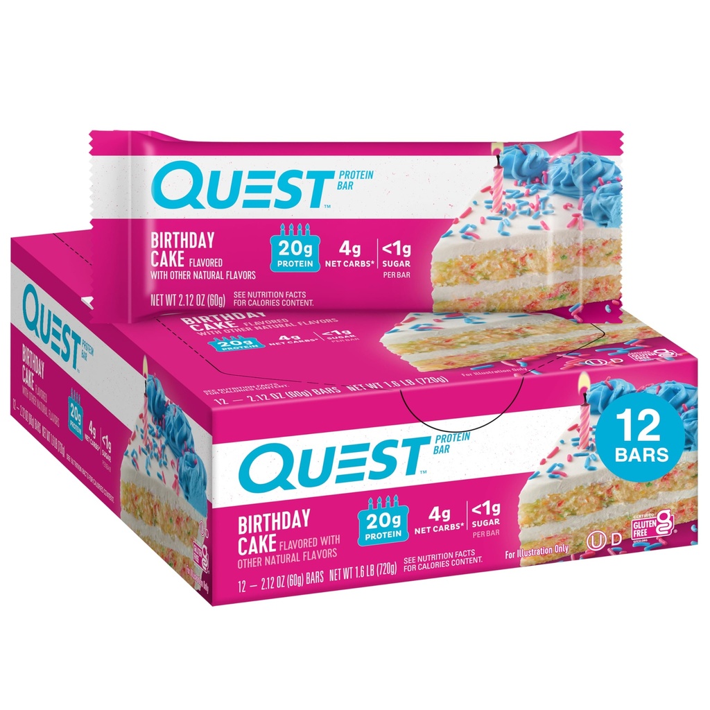 Quest Nutrition Bares de proteína de pastel de cumpleaños, 20g Proteína, 1g Sugar, 4g Net Carbs, Gluten Free, Keto Friendly, 12 Condes