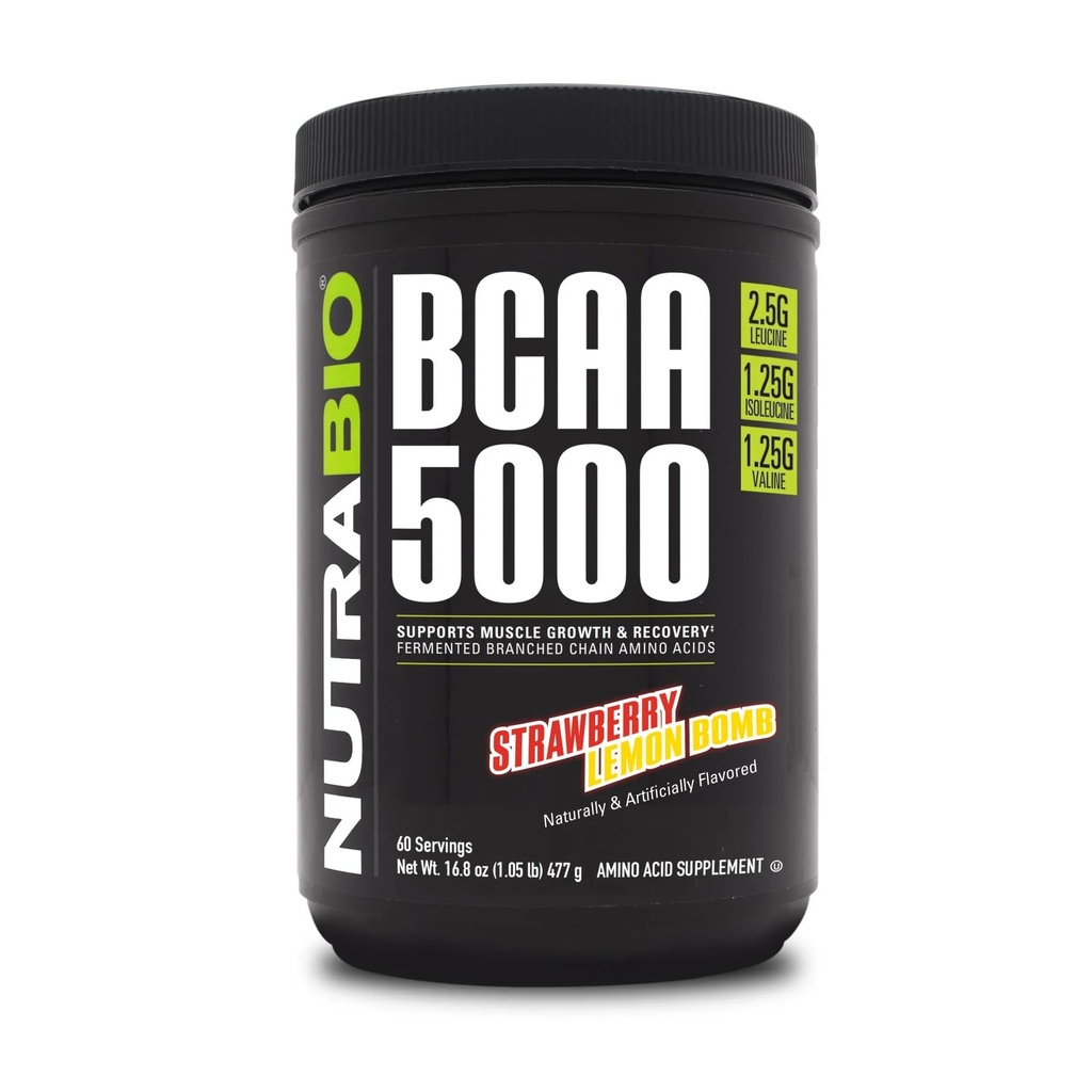 NutraBio BCAA 5000 Powder - Vegan Fermented BCAAs - Apoya Lean Muscle Growth, Recovery, Endurance - 60 Servings - Strawberry Lemon Bomb