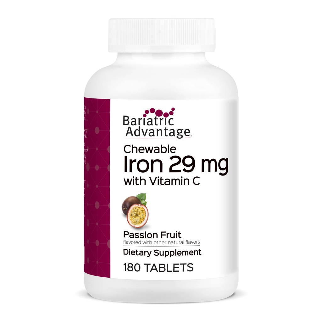 Bariatric Advantage Chewable Iron 29 mg - para pacientes de cirugía barátrica - Hierro con vitamina C - No Pasta de hierro - Ferrous Fumarate & Carbonyl Iron Suplemento - Pasión Fruta - 180 Cuenta
