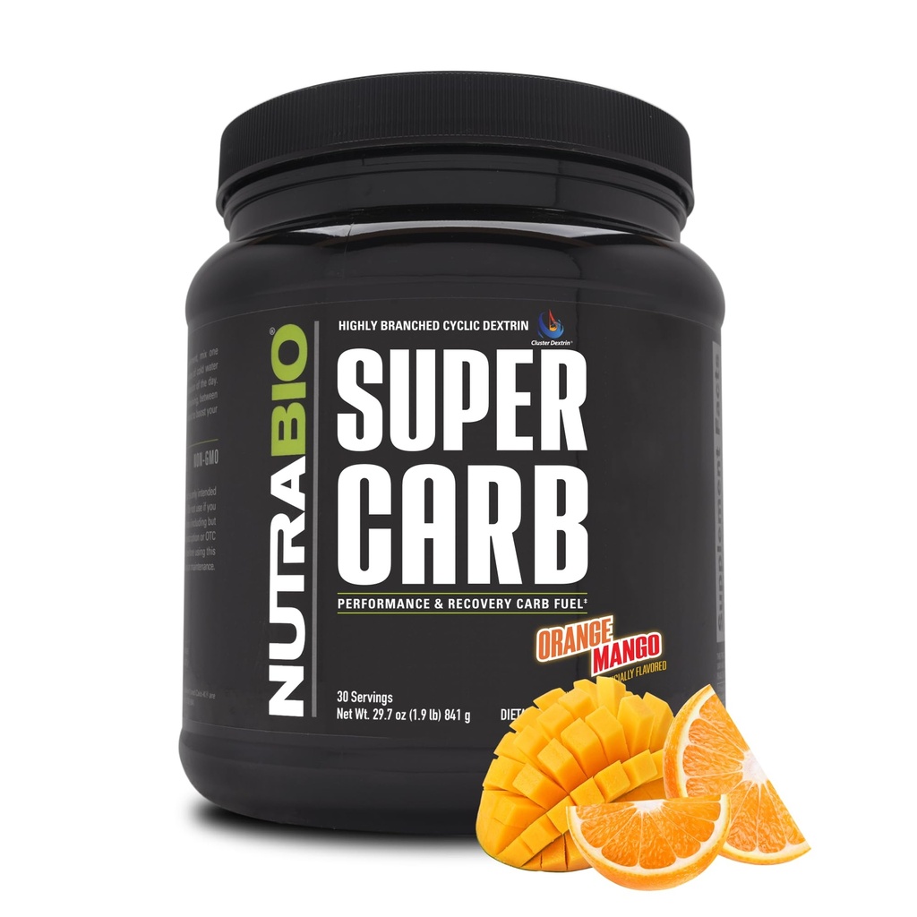 NutraBio Super Carb, Carbohydrate Powder con electrolitos de dextrina de racimo, avanzado suplemento de carbohidratos para combustible de entrenamiento, rendimiento y recuperación de músculo, dextrina ciclica, mango de naranja, 30 Sv