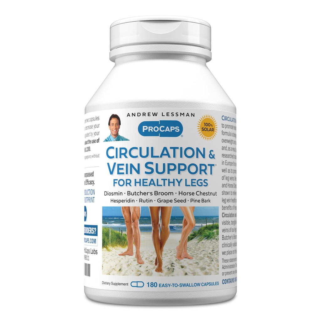 AndREW LESSMAN Circulation, Vein Support for Healthy Legs 180 Capsules - High Bioactividad Diosmin, Butcher's Broom, Visibly Reduce Swelling and Discomfort in Feet, Ankles, Calves, Legs