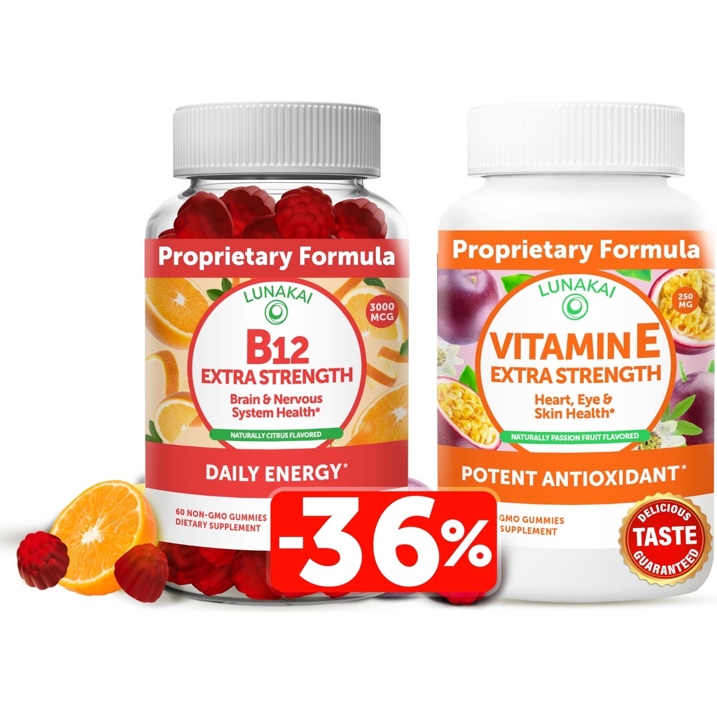 Lunakai Vitamina B12 y vitamina E Gummies Bundle - 3000 mcg Gummies for Adults Energy Support and Bone Health - 250 mg 1000 iu Natural VIT E Plus C Suplementos