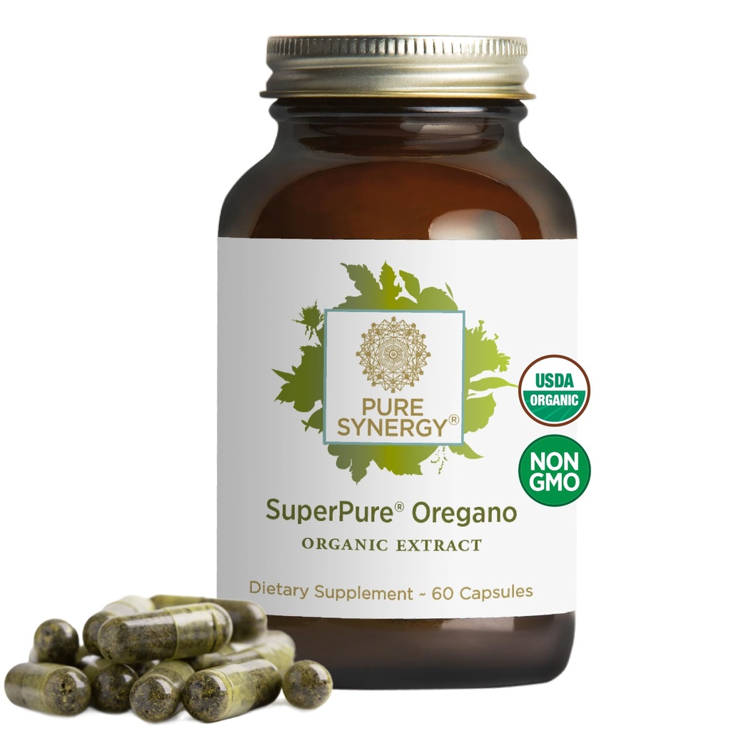 PURE SYNERGY SuperPure Oregano Extracto ← Oregano Petróleo Extracto Cápsulas ANTE Orgánica Petróleo y Hoja Suplemento Silencioso para la Salud Inmunitaria, Digestiva y Respiratoria (60 Cápsulas)