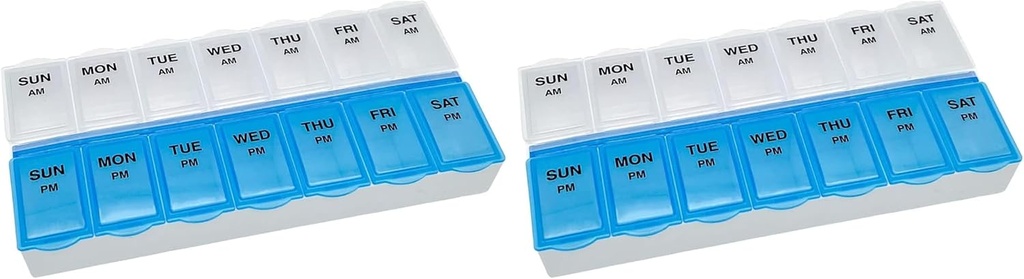 Cuidado básico (7 días) AM/PM Organizador de píldoras, caja de vitaminas y caja de medicina, grandes compartimientos, 2 veces al día, tapas azules y claras (Pack of 2)