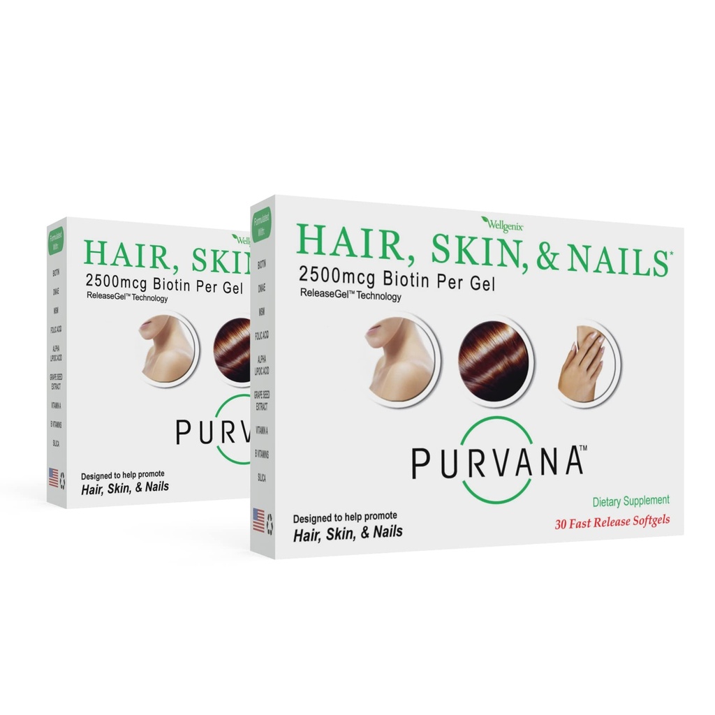 Wellgenix Purvana Hair, Skin, and Nails Vitamina - Softgels for High Absorption - Double Strength 2500mcg Biotin, VIT A & B (30 Cuenta) (Pack of 2)