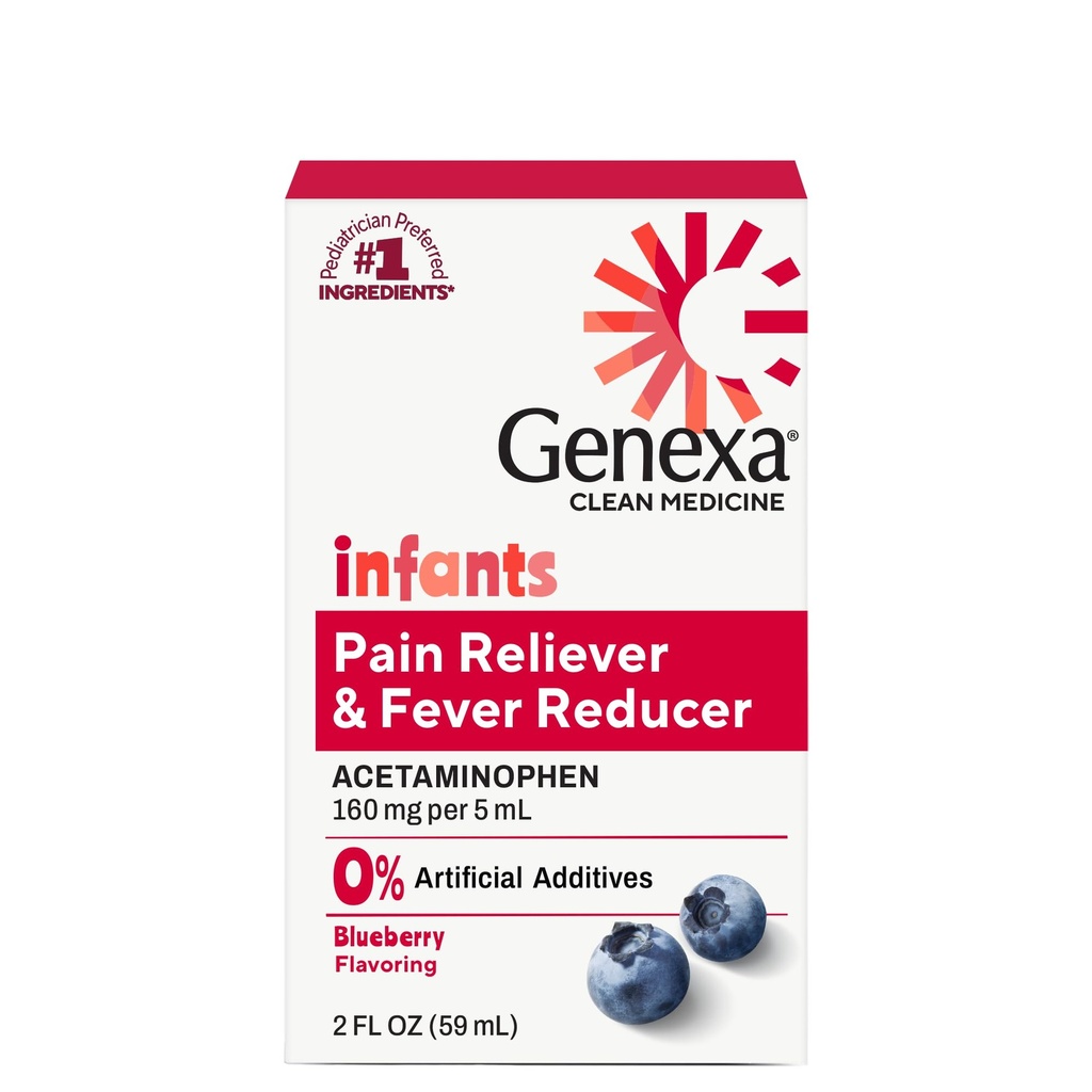 Genexa Infants' Clean Acetaminophen ← Pediatrician Preferred Ingredients ¦ Doin Reliever " Fever Reducer for Babies TEN Dye Free, 0% Artificial Additives ¦ Delicious Organic Blueberry Flavor, 2 fl oz