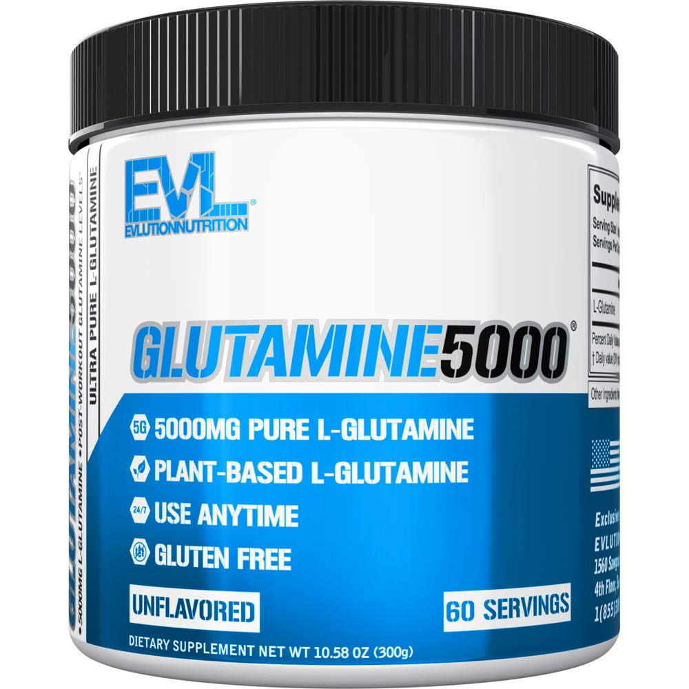 Suplemento de pólvora L-Glutamina pura Vegan - Evlution Nutrition Nitric Oxide Booster 5g L Glutamine Suplemento para la recuperación posterior del entrenamiento Bombas mejoradas Gut Health Energy and Immunity - Unflavored
