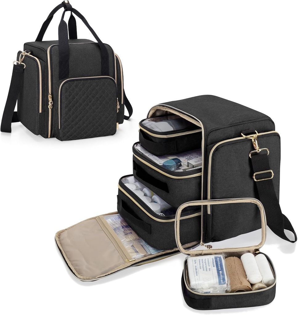 LUXJA Bolsa grande de medicina con 4 cajas extraíbles interiores, bolsa de almacenamiento multifuncional de medicina (apto para uso doméstico o de viaje), Negro