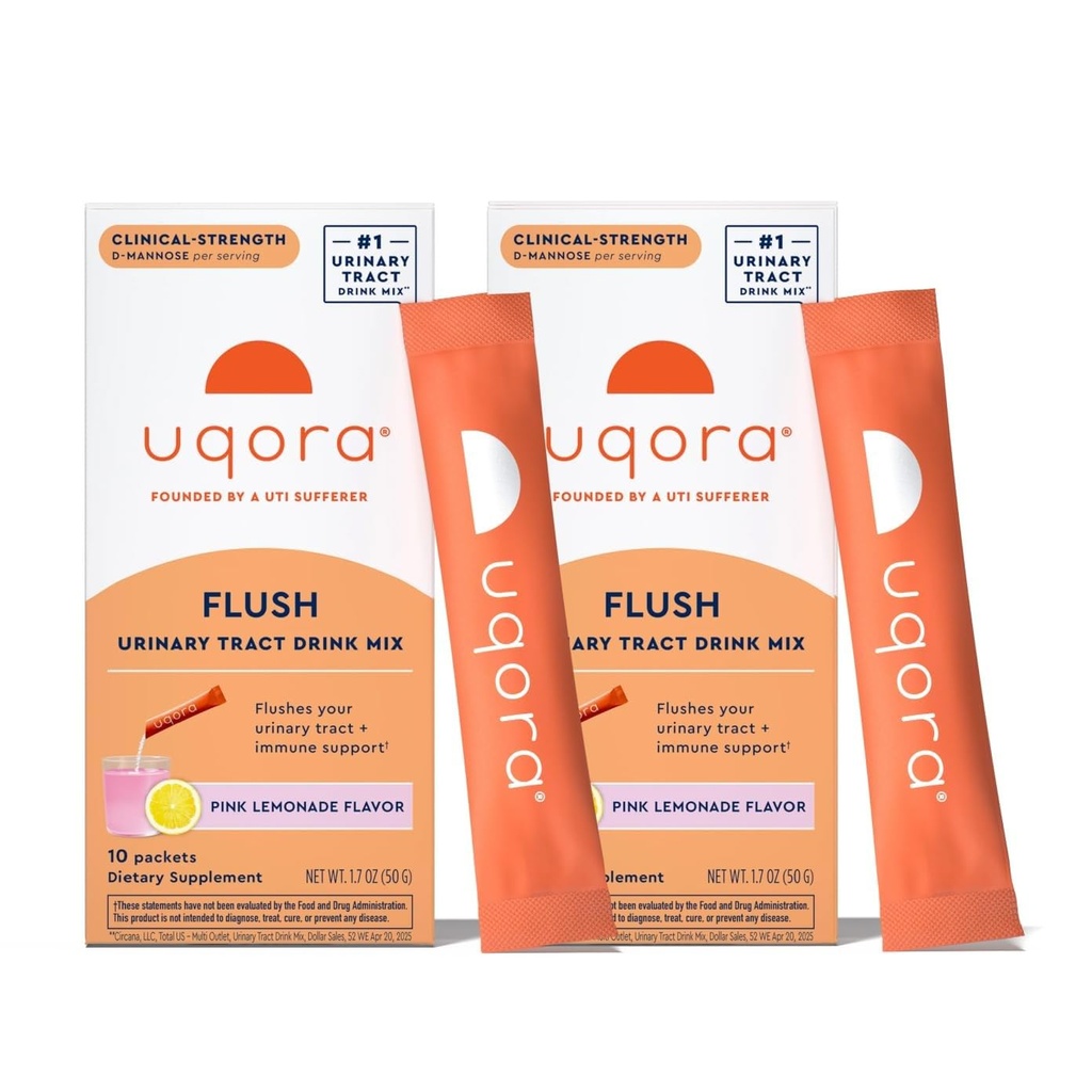 Uqora Flush - Urinary Tract* con D-Mannose, Vitamina C, Vitamina B6, Potasio, Magnesio y Calcio - Gluten-Free &amp; Vegan - Pink Lemonade Flavor - 20 Packets (2 Pack)