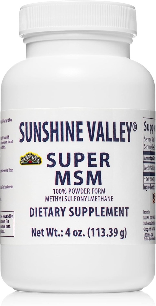 Sunshine Valley® Super MSM Suplemento - Methylsulfonylmethane MSM cristales Polvo para soporte conjunto, uñas, cabello &amp; piel salud - 100% Polvo puro, saboreado, suplemento dietético - 4 oz