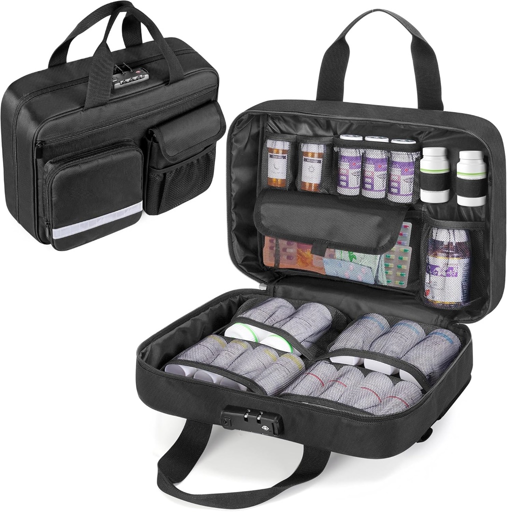 Damero Organizador de Botella de Cerradura de Píldora, Tratamiento de Almacén de Medicamentos Organizador de Viaje Caso de Carreteras Grandes, Medicamentos y Suministros Médicos,Negro