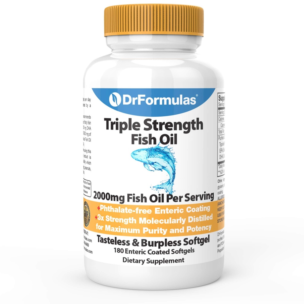 DrFormulas 2000mg Triple Fuerza Omega 3 Fish Oil con EPA y DHA, 180 Burpless Softgels