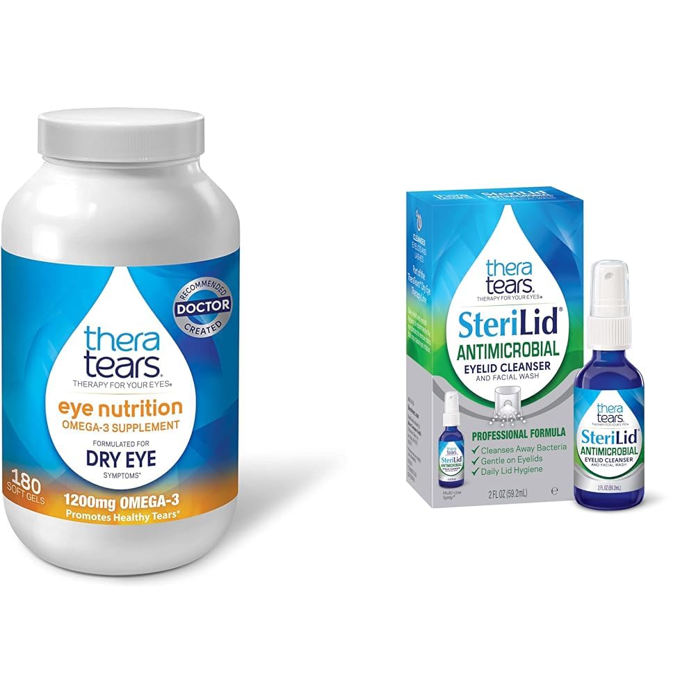 TheraTears 1200mg Omega 3 Suplemento para la Nutrición Ocular, Orgánica Triglicérida Pez Aceite y Vitamina E, 180 Cuenta " Limpiador Ocular SteriLid y lavado facial, para ojos irritados, 2 fl oz Spray