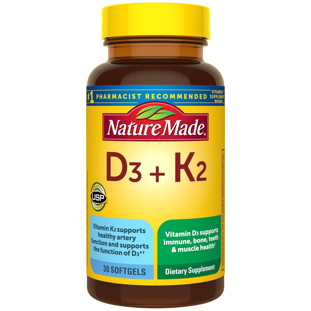 Natural Made Vitamina D3 K2 Suplemento, 5000 UI (125 mcg) Vitamina D para Bone, Dientes, Muscle e Immune Support, 30 D3 y K2 Softgels, 30 Day Supply
