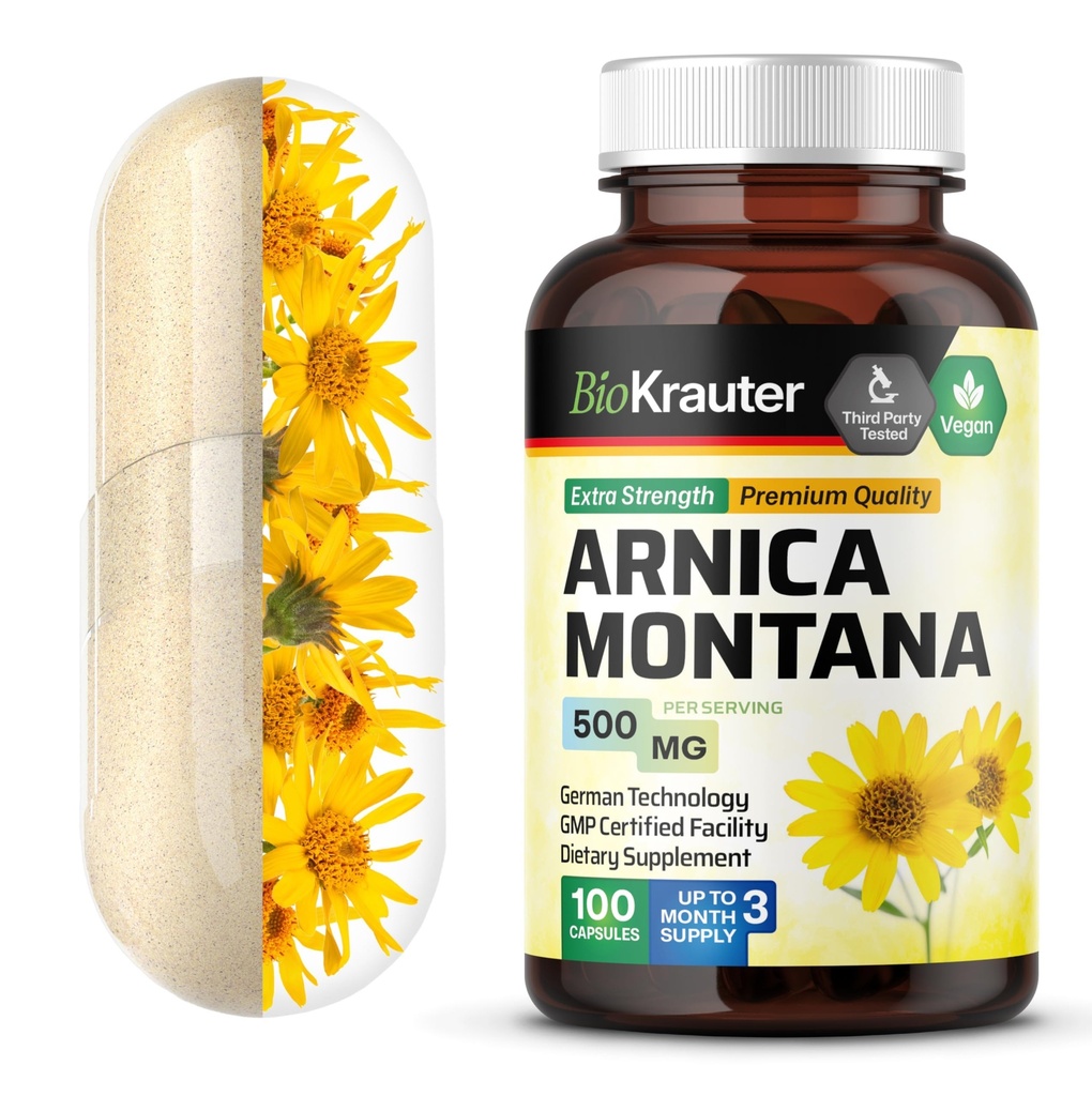 BIO KRAUTER Arnica Montana Capsules - 500 mg Arnica Capsules for Bruising and Swelling - Vegan - 100 Conde