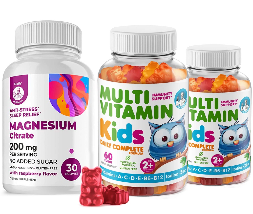 Niños Gummies multivitamínicos 14 Vitaminas Esenciales y Gummies de Magnesio Libres de Azúcar - Suplemento diario Vitamina A,C,D,E Vegetarian B6 manzanaB12,Zinc,Biotina con cerdas de calma de magnesio libre de azúcar para niños adultos