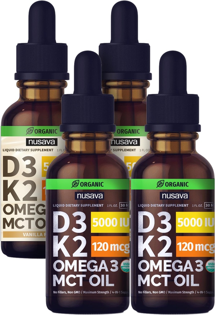 NUSAVA Unflavored D3 K2 Liquid Drops and Vanilla Flavored D3 K2 Liquid Drops Bundle - Potent Liquid Vitamins for Heart, Joint, Bone, Muscle, & Immune Support - Non-GMO, Gluten-Free, 2pk Every