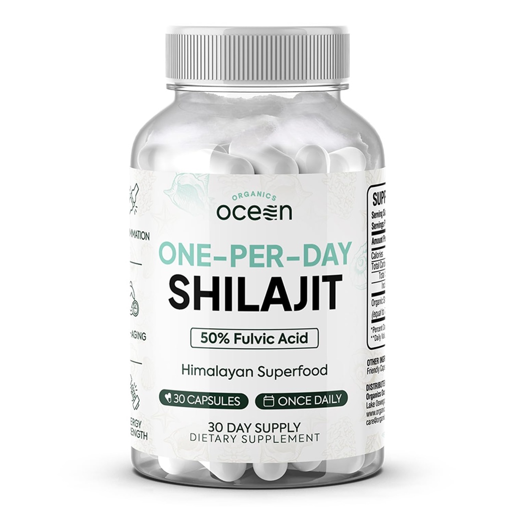 Organics Ocean One-Per-Day Shilajit for Hombre and Women - Natural Shilajit Supplement for Age-Defying, Bone Strength, Hormone Support and More - 30 Shilajit Capsules