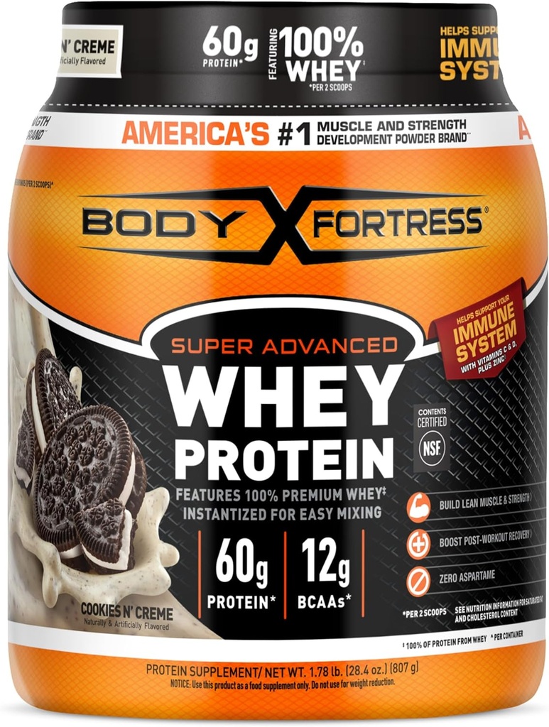 Fortaleza Corporal Super Advanced Whey Protein Powder, Cookies N' Creme, 60g Protein &amp; 12g BCAAs Per 2 Scoops, ganancia muscular &amp; recuperación, Immune Support with Vitamins C &amp; D, 1.78lbs (Packaging May Vary)