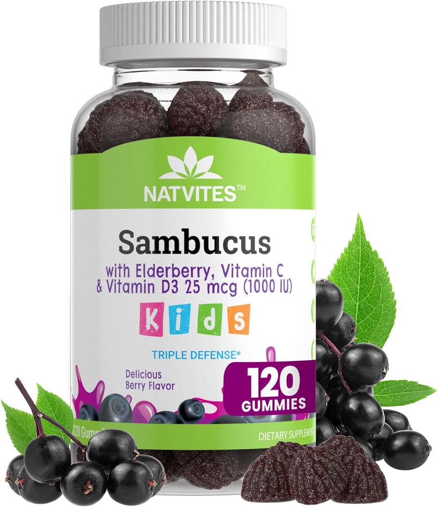 Mangas de arándano de Sambucus Negro para niños – Suplemento de Apoyo Inmunitario con Vitamina C y Vitamina D3 para Inmunity Boost – Vegetariano, No GMO, Gratuito, Nut y Dairy Libre – 120 Gummies (Pack of 1)