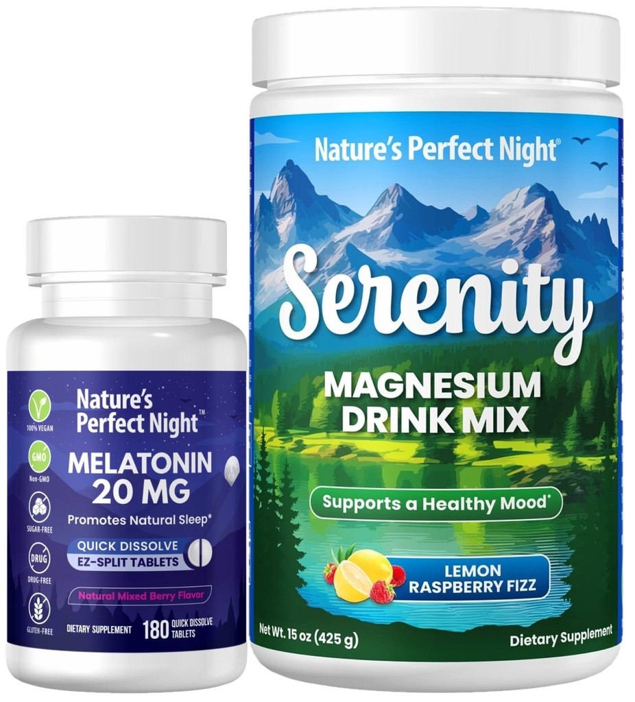 La noche perfecta de la naturaleza Melatonina 20 mg de disuelve rápido mezclado de baya 180 Conteo de magnesio de serenidad con polvo 15 oz de limón
