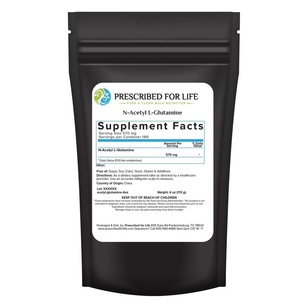 Prescrito para la vida N Acetyl L Glutamine Powder, Pure L Glutamine Amino Aminoácidos Suplemento (4oz / 113g)
