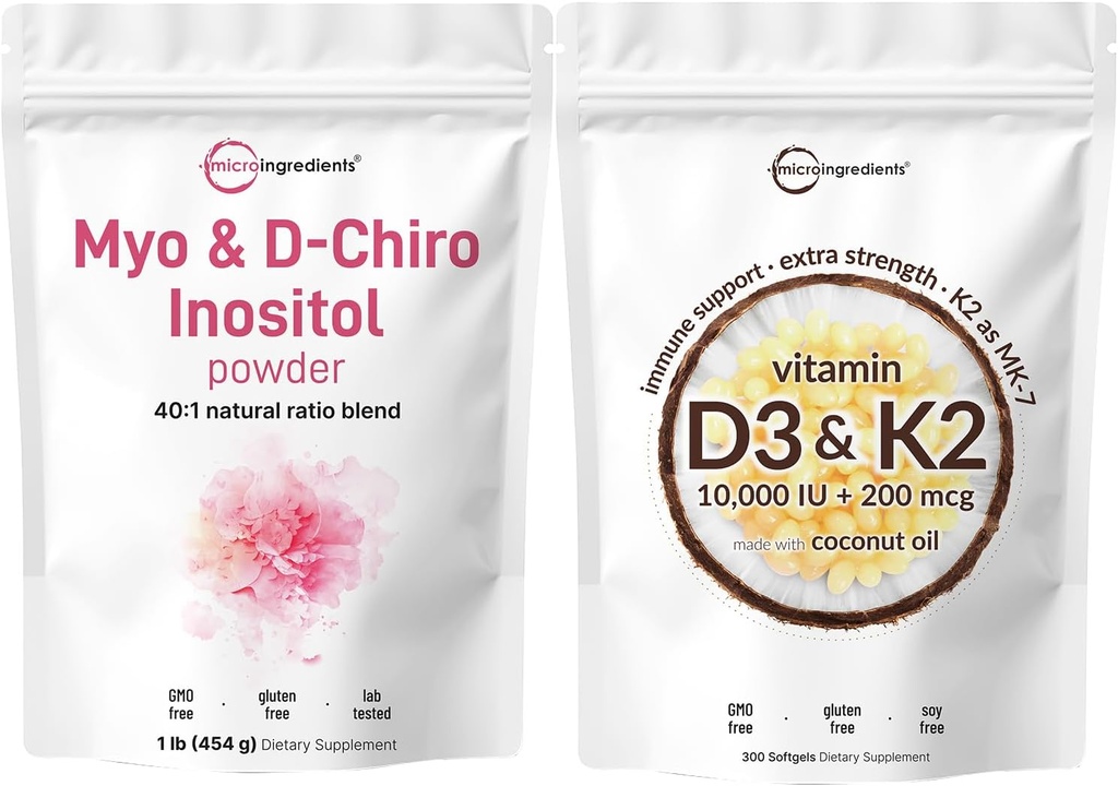 Micro Ingredientes Vitamina D3 10,000iu + K2 200mcg Aceite de coco Softgels &amp; Myo &amp; D-Chiro Inositol Powder Bundle 2 Pack ← Esencial Sunshine Vitaminas 