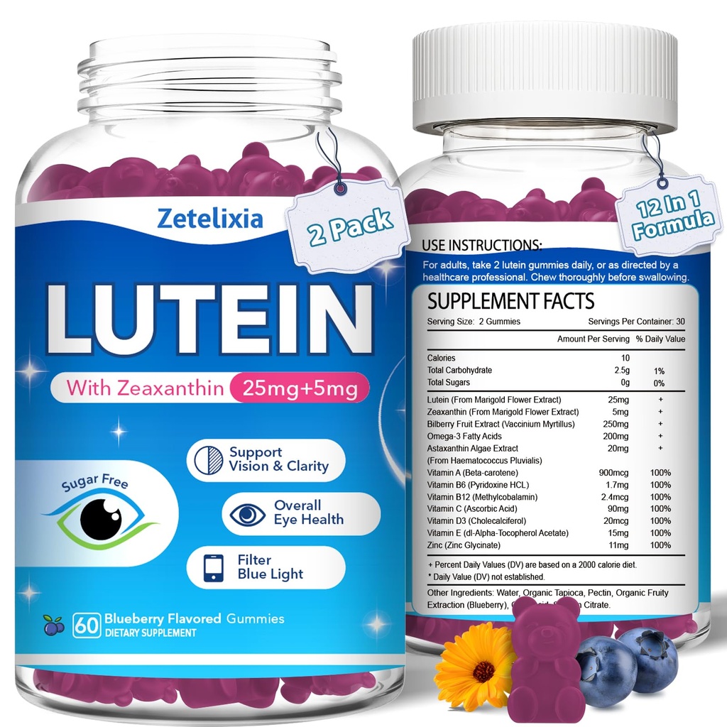 2 Pack Lutein Gummies, 12 en 1 Lutein y Zeaxanthin Suplementos Vitaminas Ojo Gummies para Adultos, Suplemento de Salud Ocular con Múltiple Vitamina para la Promoción del Ojo & Visión - 120 Gummies