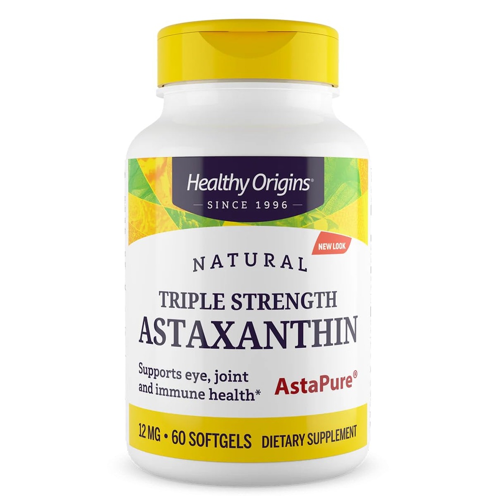 Orígenes saludables Astaxanthin 12 mg (Natural, Astapure, Triple fuerza, No GMO, Gluten Free, Eye Support, Joint Support, Immune Support), 60 Softgels