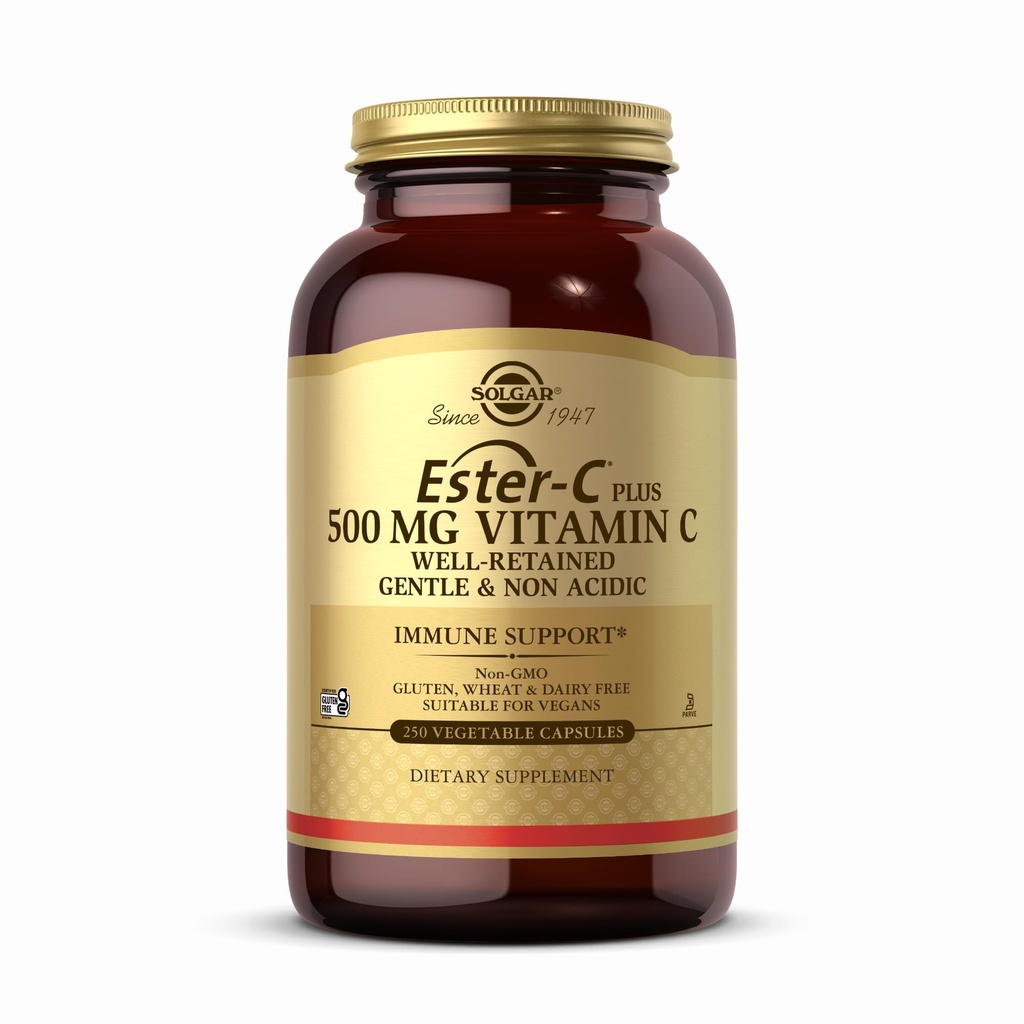 Solgar Ester-C Plus 500 mg Vitamina C (Complejo de Ascorbate) - 250 cápsulas vegetales - Gentle " No acidic - Antioxidante " Apoyo a los Inmunes - No GMO, Vegan, Gluten Free, Kosher - 250 piezas