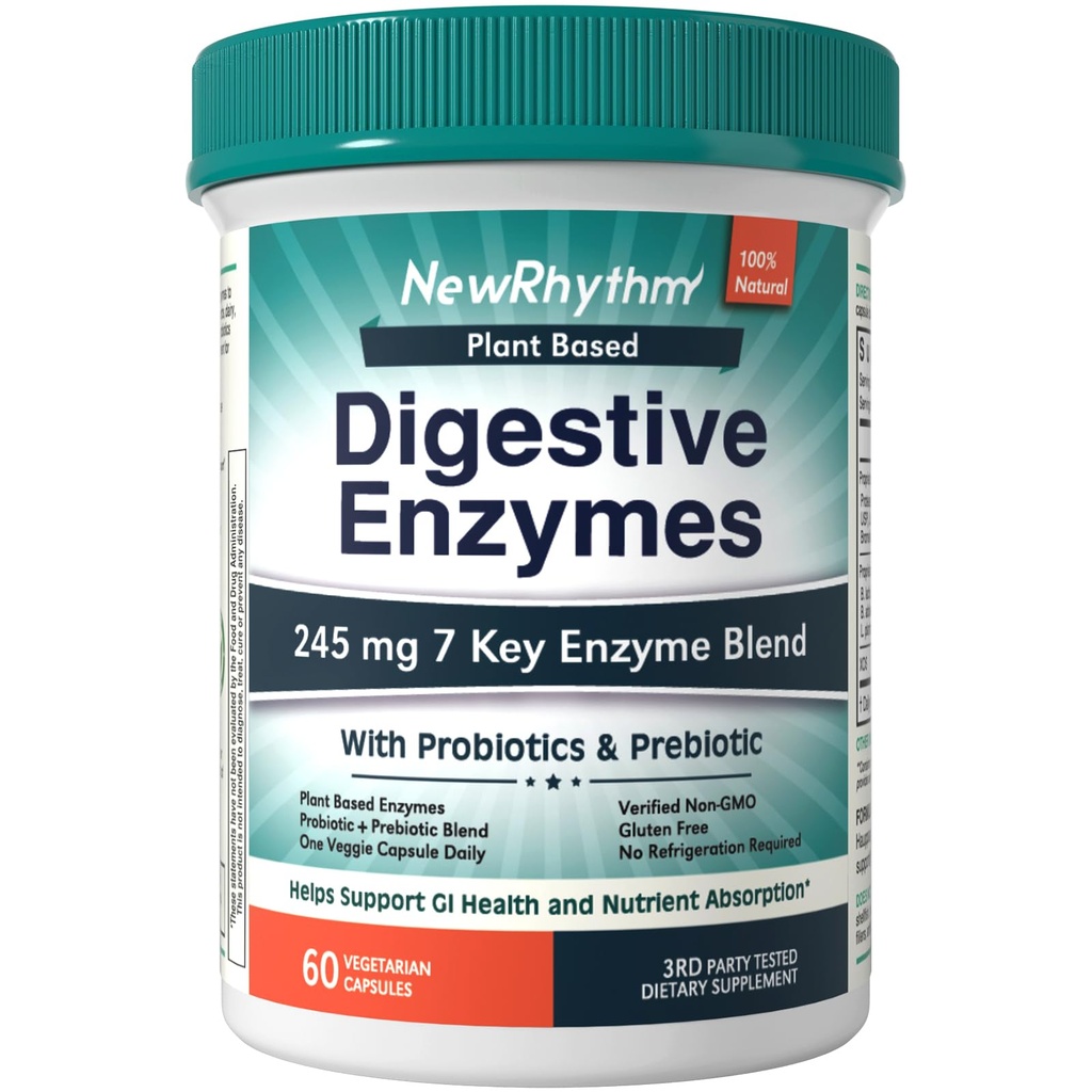 NewRhythm Digestive Enzymes 245 mg, con Probióticos y Prebióticos, Planta Basada, 7 Enzimas Clave, Digestión, Absorción Nutriente, Protease Amylase & Lipase, 60 cápsulas Vegan