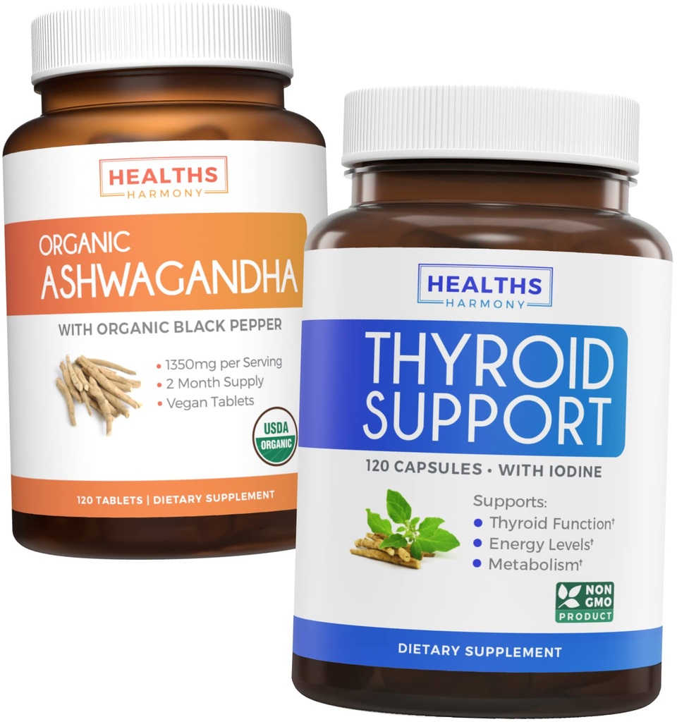 Bundle of Thyroid Support " Ashwagandha - Revive & Thrive Pack - Thyroid Support with Iodine (No-GMO) Mejora la energía " Organic Ashwagandha con 1350mg Ashwaganda Root Powder Per Serve