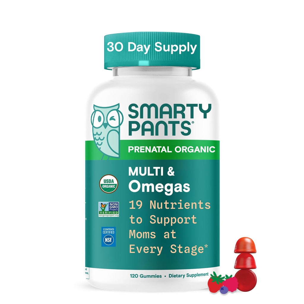 SmartyPants Organic Prenatal Vitamins for Women, Multivitamin Gummies: Biotin, Methylfolate, Omega 3 (ALA), Vitamina D3, C, Vitamina B12, B6, A, K2 &amp; Zinc, Choline, Vegetarian, 120 Cuenta (30 Day Supply)