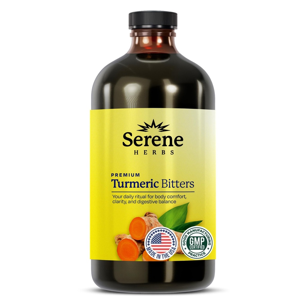 Serene Herbs Liquid Turmeric with Black Pepper - Turmeric Shots Curcumin Suplemento 1000mg Extra Strength Herbal Drink, Digestive Bitters for Bloating Relief, Joint Health, Energy & Clarity - 16oz