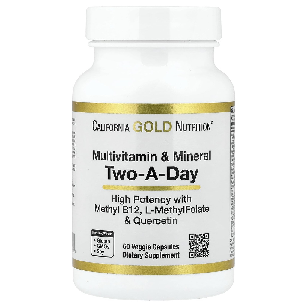 California Gold Nutrition Multivitamin and Mineral with Methyl B12, Vitamina C, L-MethylFolate and Bio-Quercetin, Two-A-Day, 60 Veggie Capsules