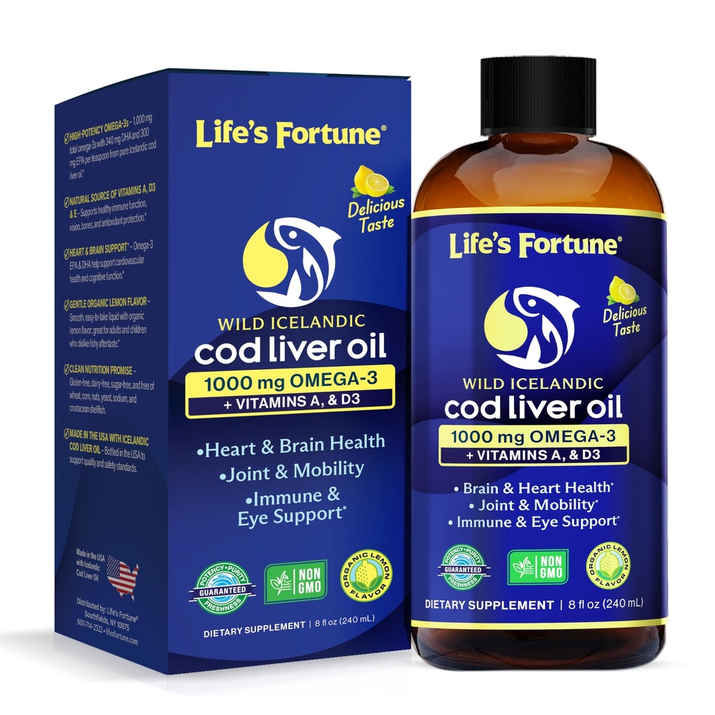 Aceite de Vida de la Fortuna Cod Liver Liquid Organic Lemon Flavor (8 Oz) 1000 mg Omega + Vitamina A, E &amp; D3 - Soporta la Salud Inmunitaria - 100% Fish Oil Suplemento de Wild Ocean Cod-GMO Gratis