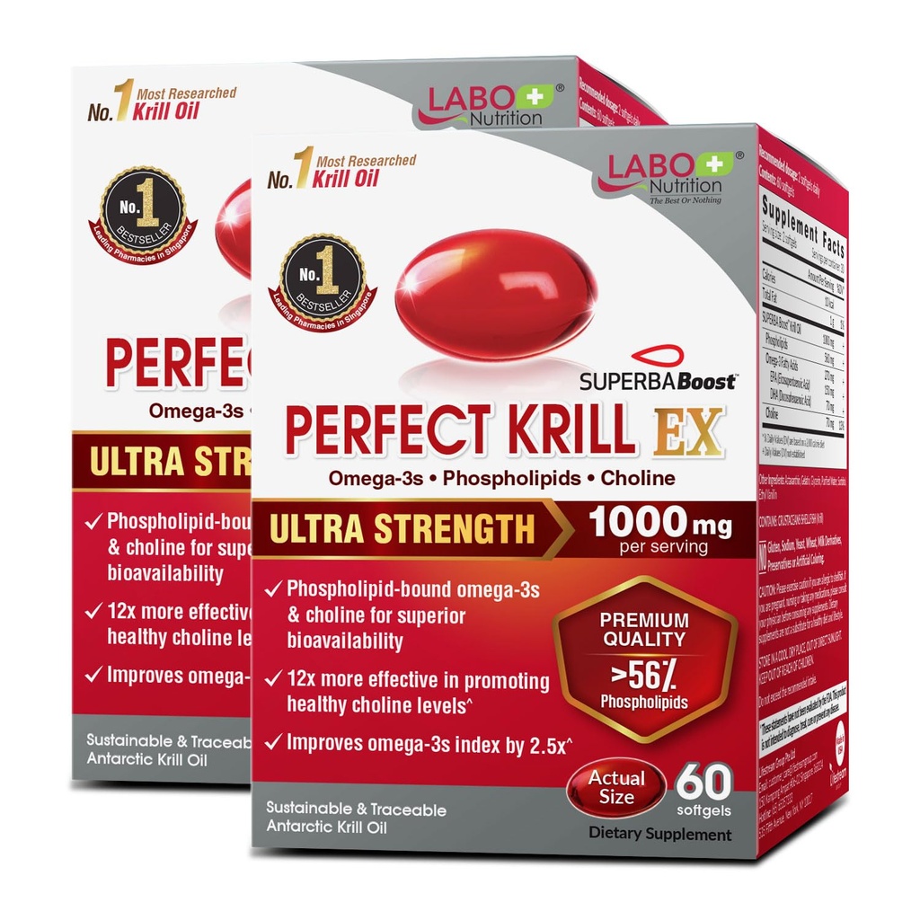 LABO Nutrition Perfect Krill EX, 1000mg Aceite de Krill Antártico Omega 3 EPA DHA, Phospholipids más elevados (más del 56%) con Choline, Astaxanthin ← Heart Brain Eye Joint Health, Made in USA, 60 softgelsX2