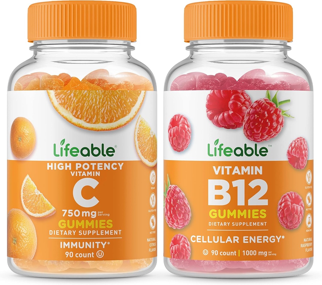 Vitamina vital C 750mg + Vitamina B12, Gummies Bundle - Gran Tasting, Suplemento de vitamina, Gluten Gratis, GMO Gratis, Chewable Gummy