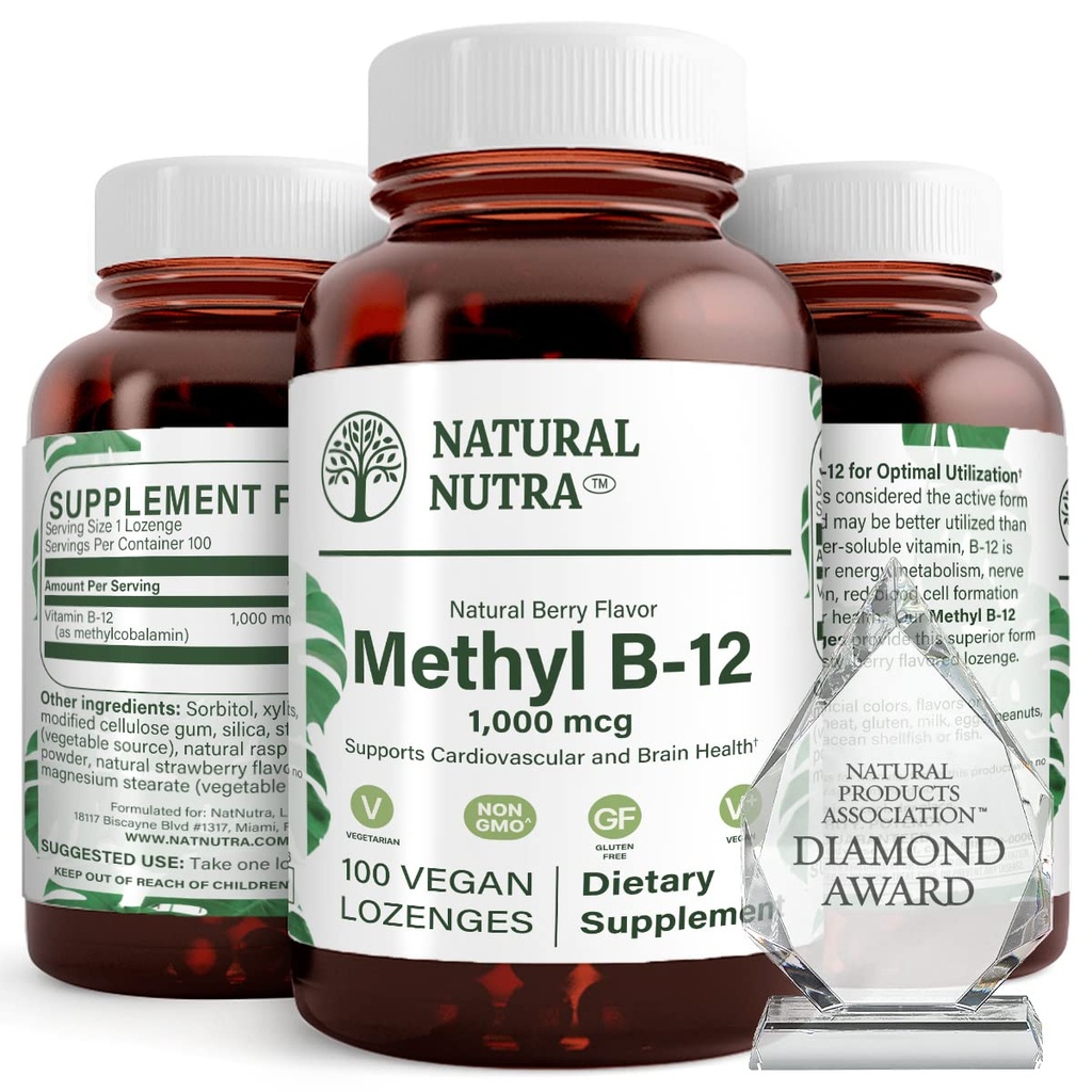 Natural Nutra Vegan Metil B12 1000mcg, Heart Health and Energy Booster Suplemento, Gluten Free, Support Energy Transformation, Enhance Immune Response, Help Brain Function, 100 Vegan Lozenges