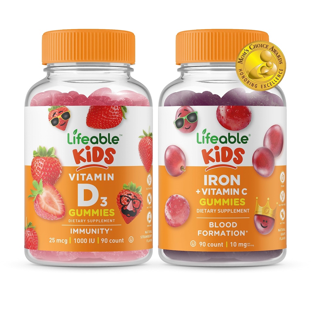 Vitamina D Niños + Hierro &amp; Vitamina C Niños, Gummies Bundle - Gran Tasting, Suplemento de vitamina, Gluten Gratis, GMO Gratis, Chewable Gummy