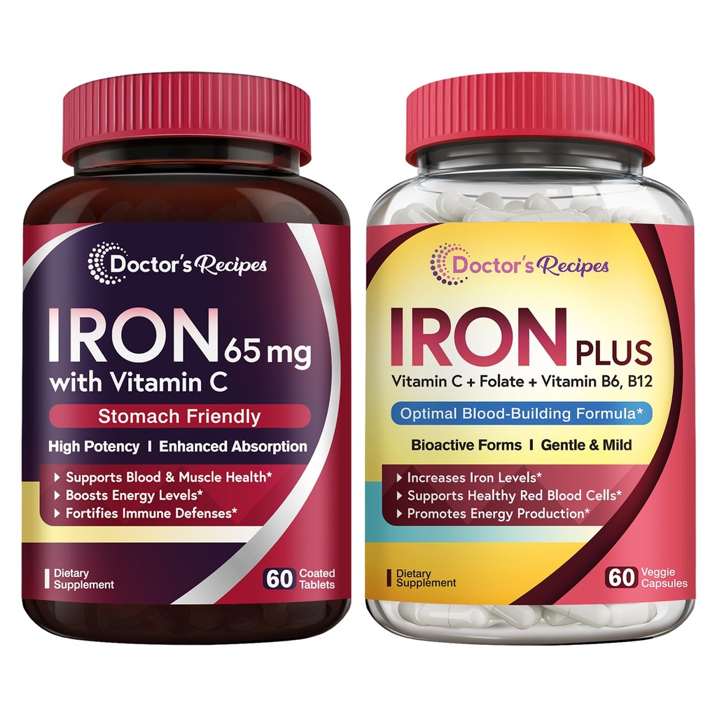 Recetas del doctor Iron 65 mg & Iron Plus Bundle, Niveles de Hierro saludables " Apoyo a la sangre, Tabletas de hierro 60 ct " Iron Capsules 60 ct