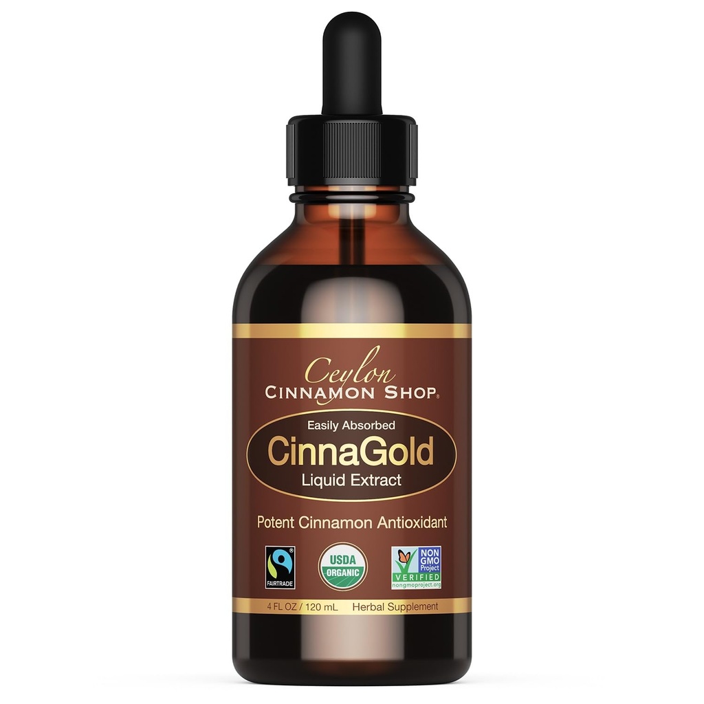 Ceylon Cinnamon Shop CinnaGoldTM Ceilán ecológico (100% certificado) Suplemento, Extracto líquido de alta potencia, 4 oz. – Super Antioxidante