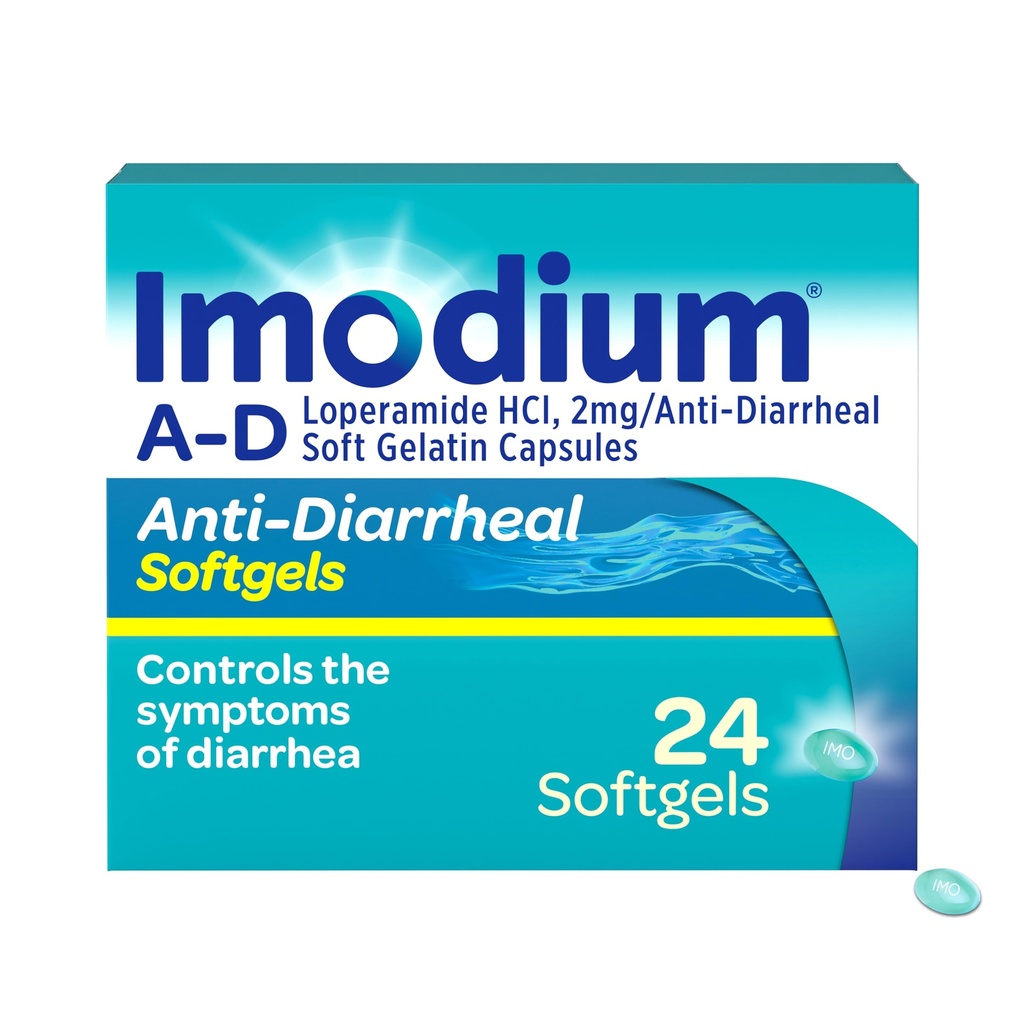 Imodium A-D Fast-Acting Anti-Diarrheal Softgels, Loperamida HCl 2 mg, Travel Essential Diarrhea Relief Medicine for Adults, 24 Conde, Anti Diarrhea Pills, Ages 12+, Easy to Swallow