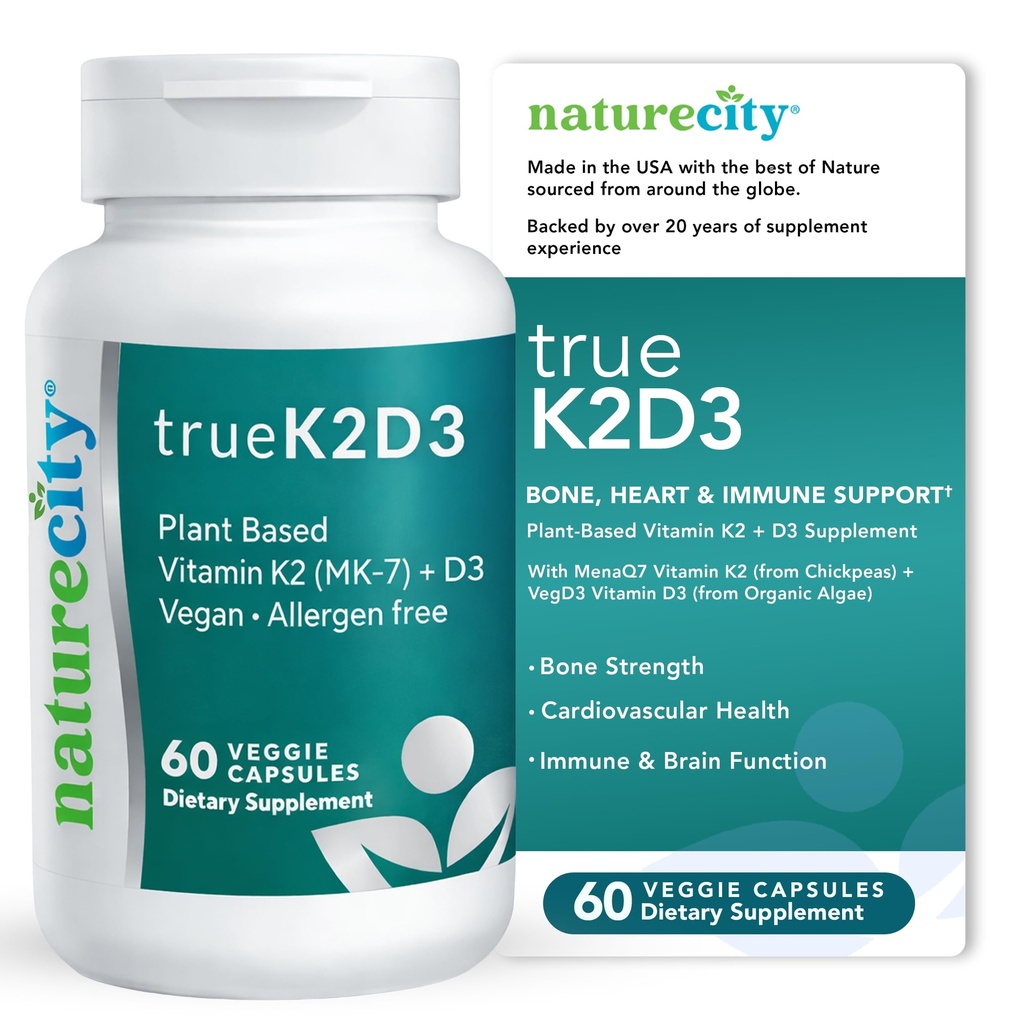 NatureCity TrueK2D3 Plant Based Vitamin K2 MK7 (90 mcg) & D3 de Algae(2,500 UI) 2 en 1 Vitamina D3 K2 Suplemento de Bone, Heart e Immune Health – 60 cápsulas vegetales
