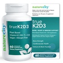 NatureCity TrueK2D3 Plant Based Vitamin K2 MK7 (90 mcg) & D3 de Algae(2,500 UI) 2 en 1 Vitamina D3 K2 Suplemento de Bone, Heart e Immune Health – 60 cápsulas vegetales
