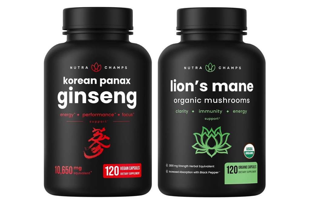 NutraChamps Korean Ginseng Capsules y Lions Mane Capsules 2 Pack Bundle