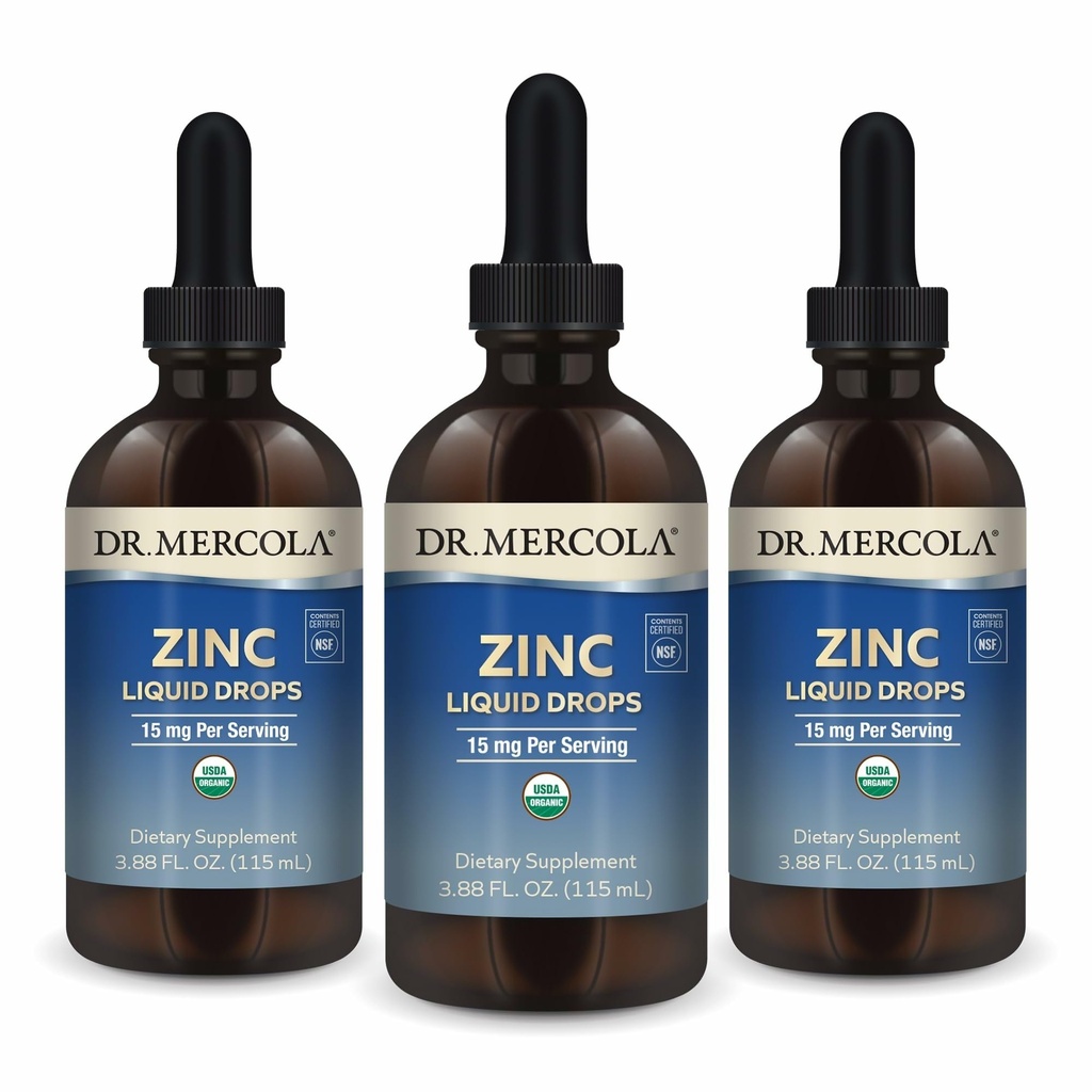Dr. Mercola Zinc Liquid Drops - Supports Immune & Organ Health - 15 mg Organic Zinc Liquid Drops - USDA Organic - NSF Certified - Non-GMO, Gluten-Free &amp; Soy-Free - 3.88 fl oz (3 Pack)