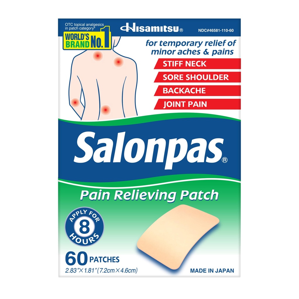 Salonpas Dolor de alivio de dolor para atrás, cuello, hombro, dolor de rodilla y dolor muscular - 8 horas de alivio de dolor - 60 cuenta