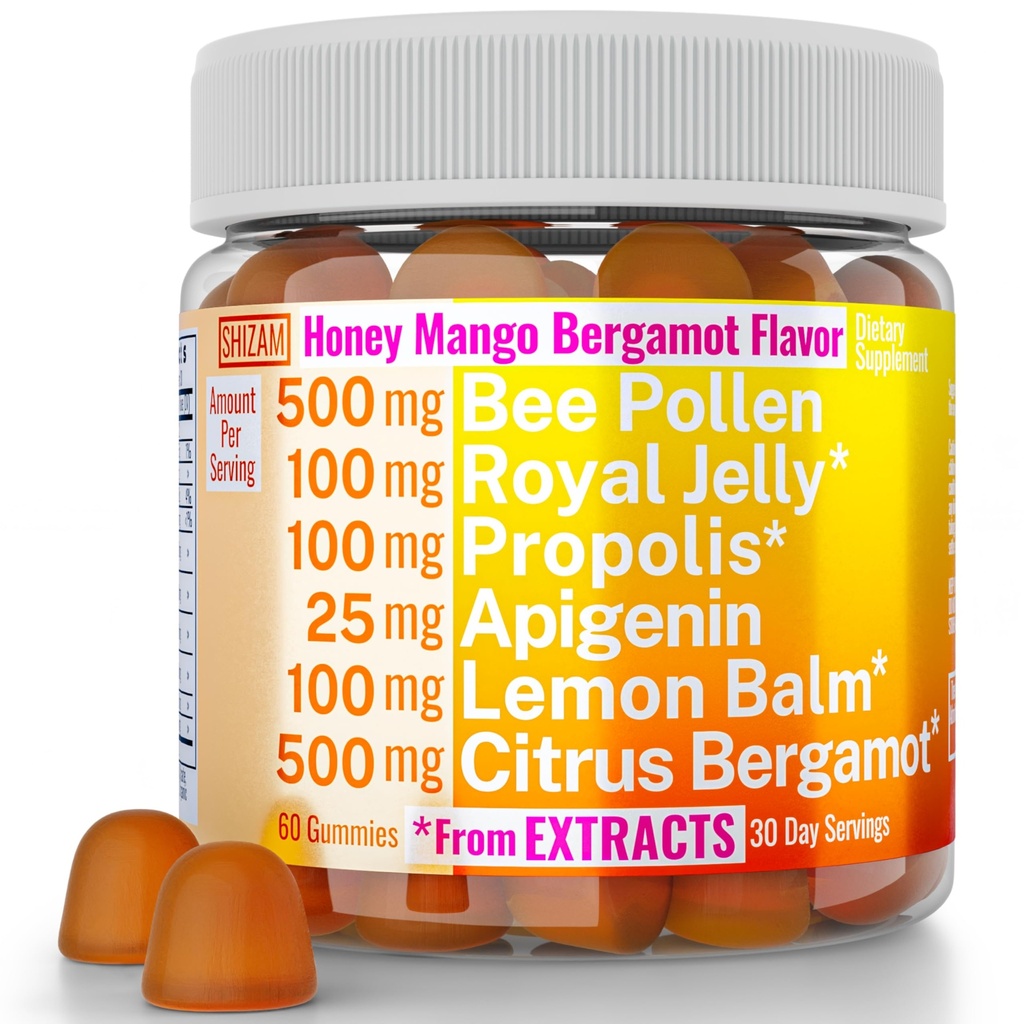 Bee Pollen Apigenin Citrus Bergamot Gummies w Orgánica Propolis Royal Jelly Honey Lemon Balm Extract, Suplemento para Hombres Niños, Tincture Drops Powder Capsule Herb Capsules Suplementos Alt, Pollan Polen